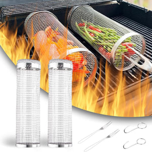 Rolling Grilling Baskets for Outdoor Grilling 2 Pack 12 Inch,Lockable Lid 304 Stainless Steel BBQ Net Tube for Fruits/Vegetables/Meatballs/Sausage/Fish,For Family Gatherings/Party/Camping/Picnic/Barbecue (2Pcs-12Inch)