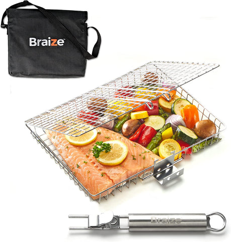 Image of Braize Grill Basket with REMOVABLE HANDLE, Fish Grill Basket - Accessories for Outdoor Grill, Cooking Accessories, Bbq Grill. Grilling Grilling Set Camping Gear Accessories.