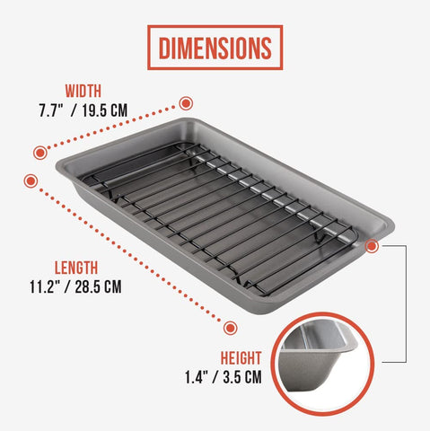 Image of Chef Pomodoro Nonstick Carbon Steel Small Roasting Pan with Rack, Roasting Pan for Countertop Oven Baking, Single Serving, Grey (Mini)