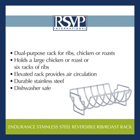 Image of RSVP International Kitchen Roasting Pan Collection Durable Dishwasher Safe Stainless Steel, Reversible Rib/Roast Rack, 15.75X9.75X5.25"