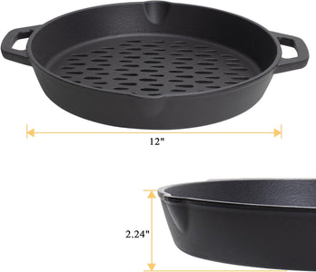 MOASKER 12" Cast Iron round Grill Basket for Veggie Meat Fish, Dual Handle BBQ Grill Topper for Outdoor Grill, Fit for Any Charcoal Smoker & Gas Grills, Nonstick Pan Tray