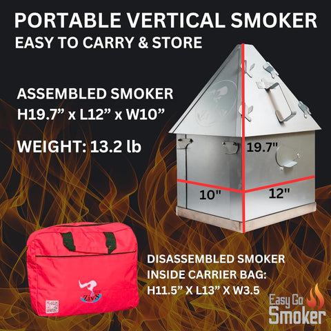 Image of Foldable & Portable Vertical Pellet Smoker - 19.7” Meat Smoker for BBQ Grill, Outdoor Cooking, Camping & RV - Easy to Clean - Includes Carrier Bag, Spoon & Built-In Thermometer – Easygosmoker