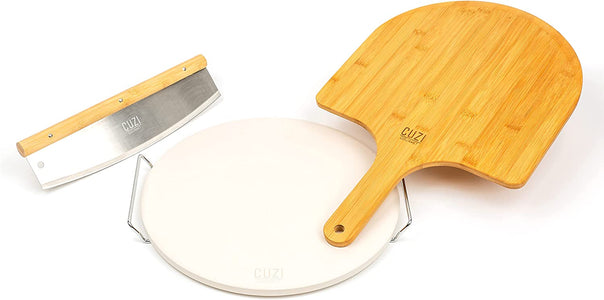 4-Piece Large Pizza Stone Set - 13" Thermal Shock Resistant Cordierite Pizza Stone with Handle Rack, 19" Natural Bamboo Pizza Peel & Pizza Cutter - Large Baking Stone for Grill and Oven