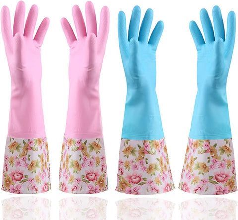 Image of Rubber Latex Waterproof Dishwashing Gloves,2 Pair Medium Long Cuff Flock Lining Household Cleaning Gloves