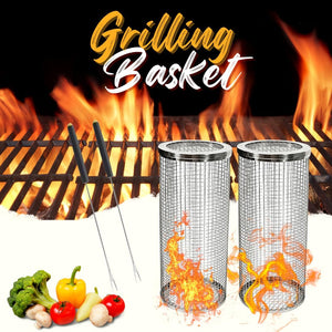 2Pcs Amazing Rolling Grilling Basket - Ultimate Grill Basket for Outdoor Grilling - Grill Baskets for Veggies, Fish, and More - Easy Rolling Design - Durable and Versatile BBQ Accessory - Enhance Your Grilling Experience (3.74"X3.74X11.8")
