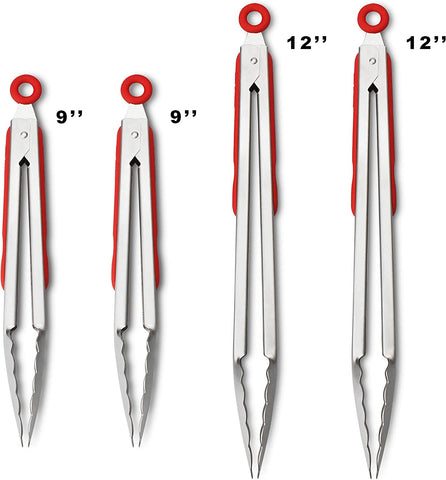 Image of 304 Stainless Steel Kitchen Cooking Tongs, 9" and 12" Set of 4 Sturdy Grilling Barbeque Brushed Locking Food Tongs with Ergonomic Grip, Red