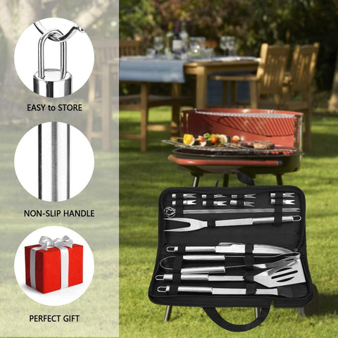 Image of 18Pcs BBQ Grill Accessories Set, Multifunctional Stainless Steel Barbecue Tools Set in Case for Outdoor Picnic, Camping, Smoking, Grilling