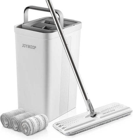 Image of JOYMOOP Mop and Bucket with Wringer Set for Home, Hands Free White Flat Squeeze Mop Bucket Set for Floor Cleaning and Wall Cleaner with Long Handle, with 3 Reusable Microfiber Pads