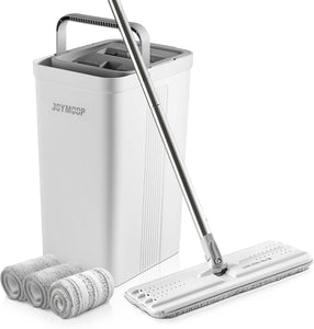 JOYMOOP Mop and Bucket with Wringer Set for Home, Hands Free White Flat Squeeze Mop Bucket Set for Floor Cleaning and Wall Cleaner with Long Handle, with 3 Reusable Microfiber Pads