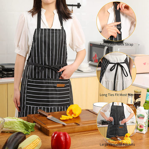 Image of 2 Pieces Kitchen Cooking Aprons, Cotton Polyester Blend Adjustable Bib Aprons with 2 Pockets for Women Men Chef Chef (Black/Brown Stripes, 2)