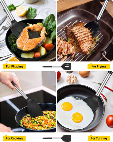Image of Pack of 2 Silicone Solid Turner,Non Stick Slotted Kitchen Spatulas,High Heat Resistant BPA Free Cooking Utensils,Ideal Cookware for Fish,Eggs,Pancakes (Black)
