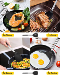 Pack of 2 Silicone Solid Turner,Non Stick Slotted Kitchen Spatulas,High Heat Resistant BPA Free Cooking Utensils,Ideal Cookware for Fish,Eggs,Pancakes (Black)