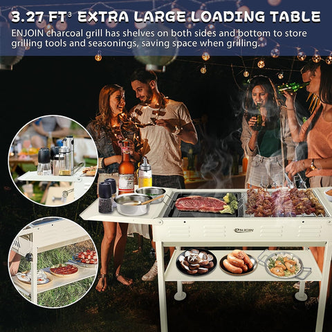 Image of ENJOIN Grills Outdoor Cooking Charcoal - Stainless Coating BBQ Grill Small Charcoal, Portable Charcoal Grill with Grill Pan, Storage Shelf Hooks for Party Picnic Travel Home,Rv Outdoor Cooking Use