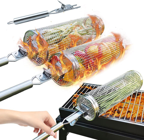 Image of DETEIN 2PACK Rolling Grill Basket with Easy-Rolling Handle, BBQ Grill Basket Cylinder for Outdoor Grill, Cylinder Grill Basket for Veggies Portable round Tube Grill for Vegetables, Peppers, Meat
