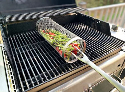 Image of Rolling Grilling Basket - Rolling Grilling Basket for Outdoor Grilling, round Stainless Steel Grilling Mesh, Camping Grill for Grilling Meat, Vegetables, Chips, Fish - Multipurpose Grilling Accessories (1 Piece)