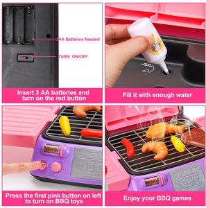 Kids BBQ Grill Playset with Smoke Sound Light Play Kitchen Set Age 3-5 4-8 Pretend Food Barbecue Cooking Toy for 2 3 4 5 6 Year Old Girl Birthday Gift