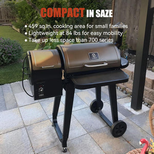 Wood Pellet Grill Smoker, 8 in 1 Portable BBQ Grill with Automatic Temperature Control, Foldable Front Shelf, Rain Cover, 459 Sq in Cooking Area for Patio, Backyard, Outdoor Barbecue, Bronze