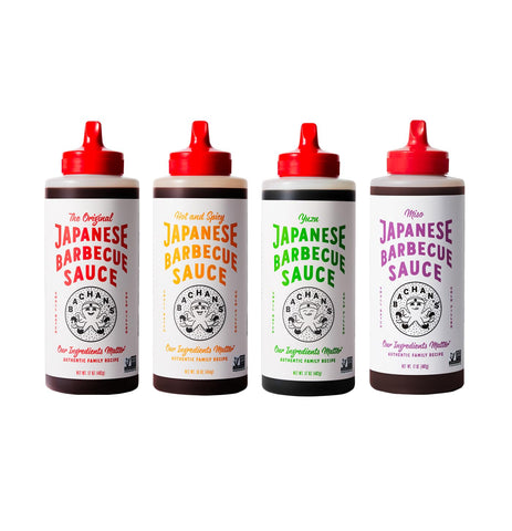 Image of Bachan'S Variety Pack Japanese Barbecue Sauce, (1) Original, (1) Hot and Spicy, (1) Yuzu, (1) Miso, BBQ Sauce for Wings, Chicken, Beef, Pork, Seafood, Noodles, and More, Non GMO, No Preservatives, Vegan, BPA Free.