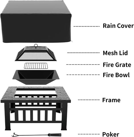 Image of Greesum Multifunctional Patio Fire Pit Table, 32In Square Metal BBQ Firepit Stove Backyard Garden Fireplace with Spark Screen Lid and Rain Cover for Camping, Outdoor Heating, Bonfire and Picnic, Black