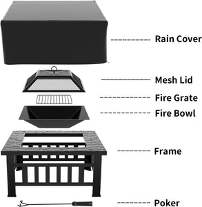 Greesum Multifunctional Patio Fire Pit Table, 32In Square Metal BBQ Firepit Stove Backyard Garden Fireplace with Spark Screen Lid and Rain Cover for Camping, Outdoor Heating, Bonfire and Picnic, Black