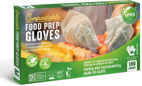 Image of 100% Compostable Food Prep Gloves, Restaurant-Quality,For Food Handling, Powder-Free, 100 Count, Medium, Earth Friendly Highest ASTM D6400, US BPI and Europe OK Compost Certified, San Francisco