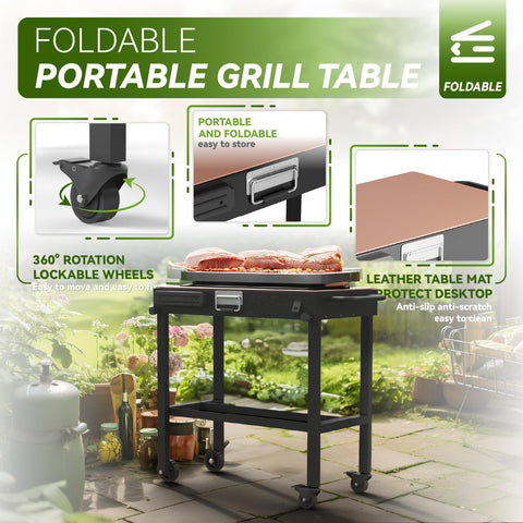 Image of Portable Grill Table, Outdoor Folding Grill Cart Solid and Sturdy, Blackstone Griddle Stand, Blackstone Table with Paper Towel Holder,Safety Wheel, for Blackstone Griddle Kitchen Table Black