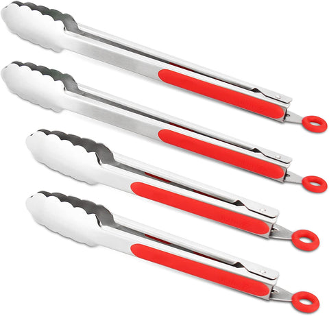 Image of 304 Stainless Steel Kitchen Cooking Tongs, 9" and 12" Set of 4 Sturdy Grilling Barbeque Brushed Locking Food Tongs with Ergonomic Grip, Red