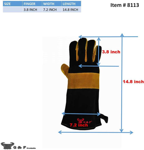 Image of 14.5" Long Premium Leather Gloves, BBQ Gloves, Grill and Fireplace Gloves, Cotton Lining with Kevlar Stitch, Heat Resistant Gloves, Animal Handling Gloves, Bite-Proof Gloves