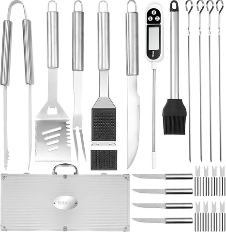Image of POLIGO Grill Tools Set,25Pcs Stainless Steel Grilling Accessories with Portable Case,Spatula, Tongs&Meat Knives and Fork for Dad Gifts,Professional BBQ Tools Set for Men Outdoor Camping/Backyard