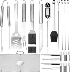 POLIGO Grill Tools Set,25Pcs Stainless Steel Grilling Accessories with Portable Case,Spatula, Tongs&Meat Knives and Fork for Dad Gifts,Professional BBQ Tools Set for Men Outdoor Camping/Backyard