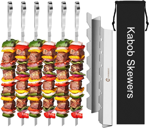 Image of Kabob Skewers Stainless Steel Long BBQ Barbecue Skewers, Flat Metal Kebob Sticks Wide Reusable Grilling Skewers for Meat Chicken,Set of 9 Including 2 Barbeecue Rack with Storage Bag
