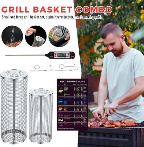 Image of ENEL Rolling Grill Basket, Rolling Grill Baskets for Outdoor Grill, Rolling Grilling Basket, Grill Basket for Veggies, BBQ Rolling Grill Basket, Grilling Baskets for Outdoor Grilling