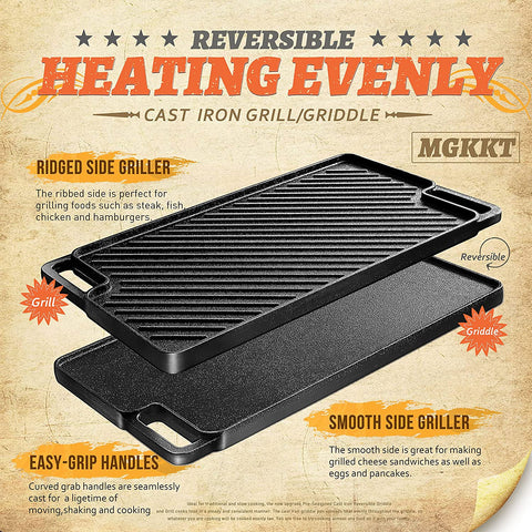 Image of 1-Piece 16.50 Inch Cast Iron Griddle Plate | Reversible Pre-Seasoned Cast Iron Grill Pan for Gas Stovetop | Double Sided Used on Open Fire & in Oven | Pre-Coated with Oil
