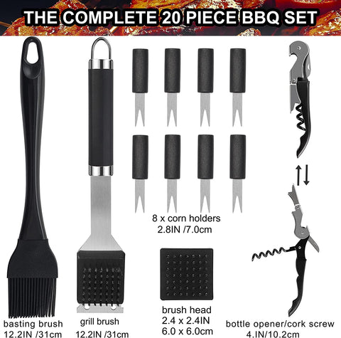 Image of 20PCS BBQ Grill Tools Set - Extra Thick Stainless Steel Fork, Spatula, Tongs& Cleaning Brush - Complete Barbecue Grilling Utensils Set in Aluminum Storage Case - Perfect Grill Gifts for Men