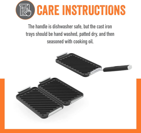 Image of ™ SEAR 'N SERVE Cast Iron Grill Pan Set Includes 3 Cast Iron Grilling Baskets & Clip-On Handle - Cast Iron Grill Pans for Stove Tops or Outdoor Grills