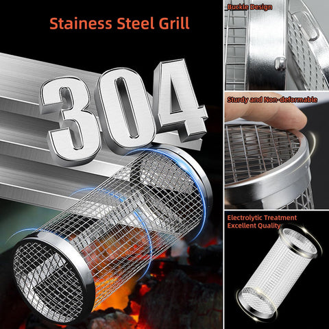 Image of Rolling Grilling Basket Grill Basket BBQ Net Tube BBQ Roller Grill Basket-Round Stainless Steel BBQ Grill Mesh Portable Outdoor Camping Barbecue Rack for Vegetables, French Fries, Fish（11.8Inch）