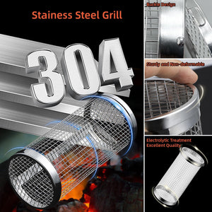 Rolling Grilling Basket Grill Basket BBQ Net Tube BBQ Roller Grill Basket-Round Stainless Steel BBQ Grill Mesh Portable Outdoor Camping Barbecue Rack for Vegetables, French Fries, Fish（11.8Inch）