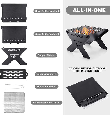 Image of Odoland Camping Campfire Grill, Portable Folding Charcoal Grills, Backpacking BBQ Grill, Heavy Duty Firepit Grill with Carry Bag for Outdoor Cooking, Bonfire, Patio, Backyard