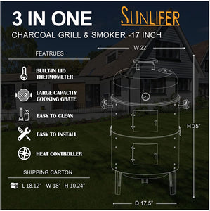 SUNLIFER Portable Charcoal BBQ Grill: Outdoor Small Charcoal Grills with Meat Smoker Combo for Backyard Patio Barbecue | Outdoor Smoking | Camping BBQ | outside Cooking
