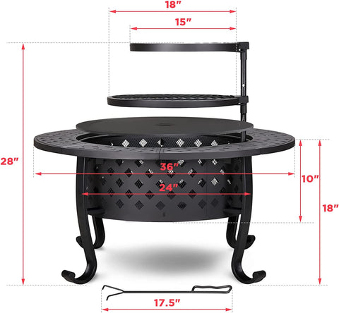 Image of Papajet 36 Inch Fire Pit with 2 Grill, Outdoor Wood Burning Firepit with Lid, Metal round Table for Backyard Patio Garden Picnic Camping Bonfire