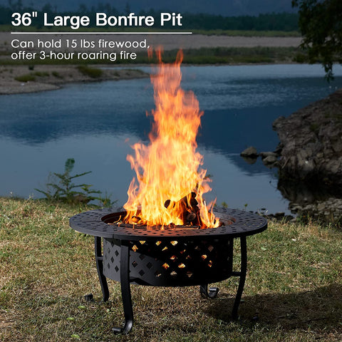 Image of Papajet 36 Inch Fire Pit with 2 Grill, Outdoor Wood Burning Firepit with Lid, Metal round Table for Backyard Patio Garden Picnic Camping Bonfire