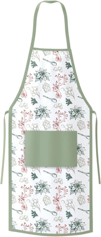 Image of Chef Apron for Cooking, Baking, Grilling, Cleaning, Gardening, Serving - 100% Cotton with Adjustable Neck Strap, Front Pocket and Long Tie 4 Piece Green & Red