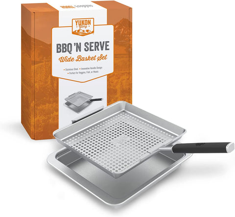 Image of Yukon Glory™ BBQ 'N SERVE Wide Basket Set - BBQ Grill Basket - the Grilling Basket Includes a Serving Tray & Clip-On Handle - Perfect Grill Baskets for Outdoor Grill Vegetables or Fish Basket & Meat
