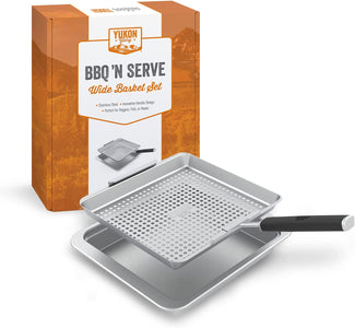 Yukon Glory™ BBQ 'N SERVE Wide Basket Set - BBQ Grill Basket - the Grilling Basket Includes a Serving Tray & Clip-On Handle - Perfect Grill Baskets for Outdoor Grill Vegetables or Fish Basket & Meat