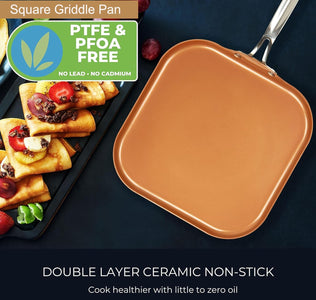 11 Inch Copper Grill Pan Non-Stick Square Griddle Pan with Stainless Steel Handle Dishwasher Safe Oven Safe Suitable for Gas Cooke