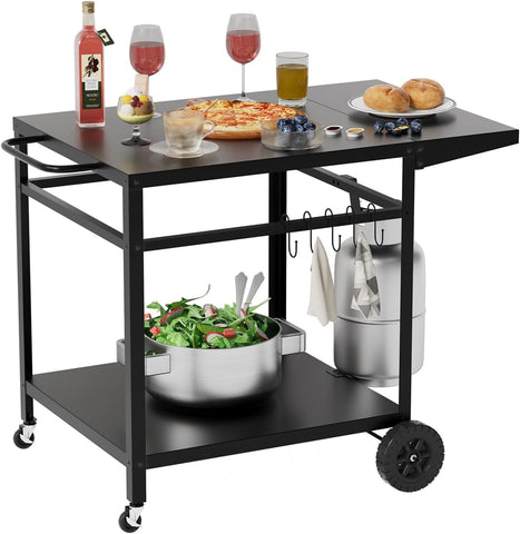 Image of Outdoor Grill Cart Table with Wheels,Double Shelf Outdoor Dining Cart with Foldable Side Table,5 Hooks,Stainless Steel Pizza Oven Trolley BBQ Stand Kitchen Food Prep Worktable,Grill Table