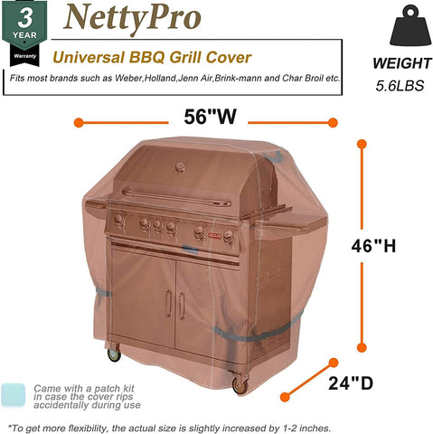 Image of Nettypro BBQ Grill Cover 56 Inch Outdoor Patio 600D Heavy Duty Waterproof 2-3 Burner Barbecue Cover for Weber, Char-Broil, Brinkmann, Nexgrill Grills and More, Brown