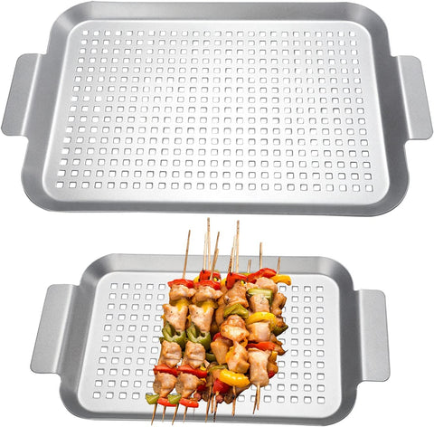 Image of Grill Basket Set of 2 - Nonstick Grilling Tray Durable Grill Pans with Holes for Outdoor Grill Small and Big Topper Baskets BBQ Accessories for Vegetable, Fish, Meat, Seafood 11"X7" & 14"X10"