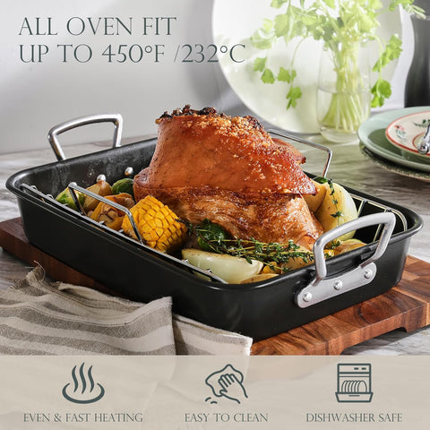 Image of KITESSENSU Nonstick Roasting Pan with Rack 15 X 11 Inch - Turkey Roaster Pan for Ovens - Wider Handles & Heavy Duty Construction, Gray