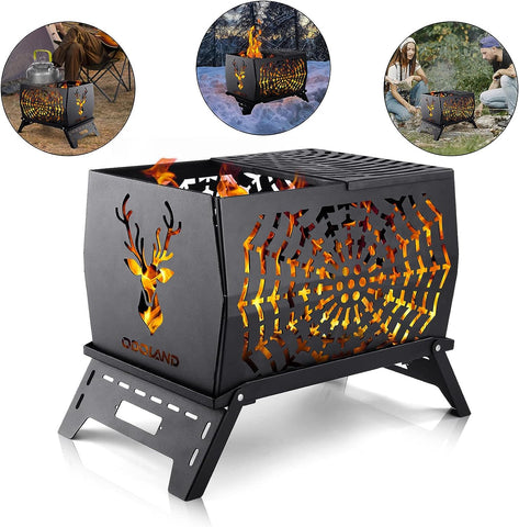 Image of Odoland Camping Charcoal Grills, Portable Bonfire Fire Pit with Grill, Carry Bag Rectangle Cast Iron Fire Pit for Outdoor Cooking, Patio Backyard, Barbecue, Deer